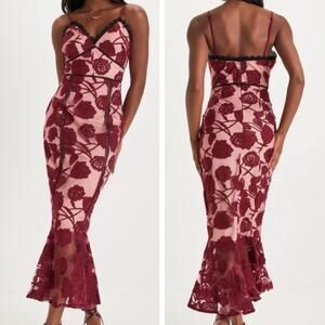 Lulus Alluring Dream Midi Dress Small Burgundy Floral Lace Trumpet Romantic New